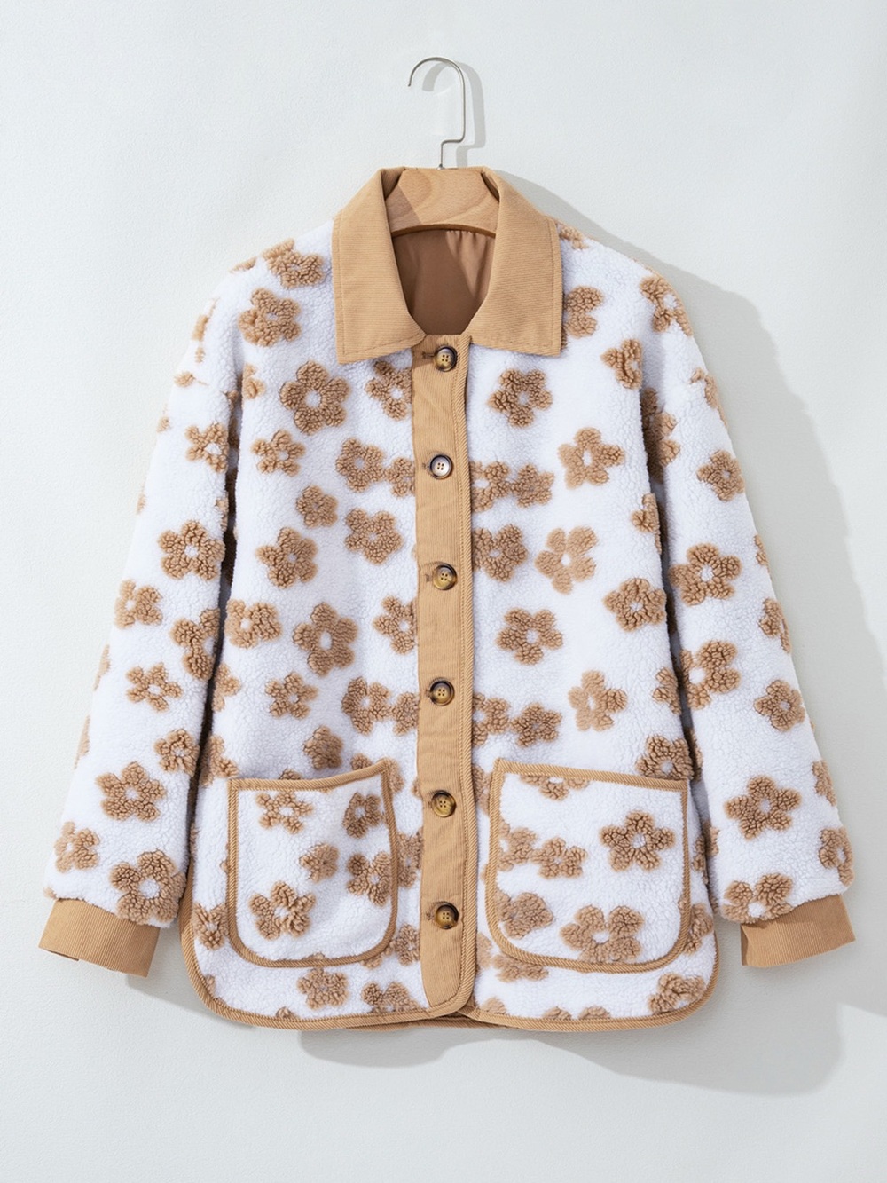 Flower Pattern Button Up Fleece Jacket - Picture 5 of 14